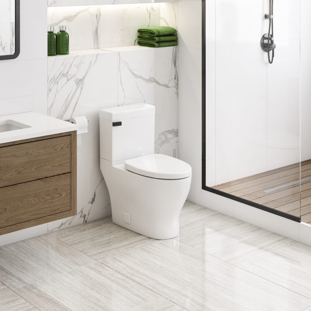 A beautiful bathroom with white tiles and bath space